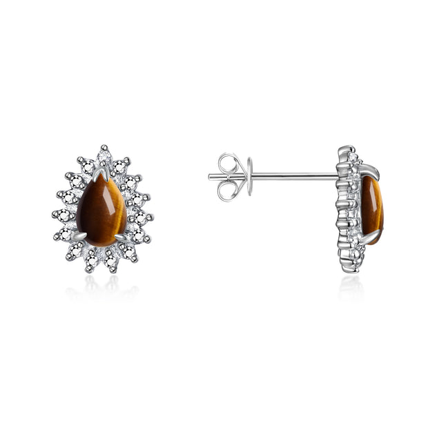 RYLOS Earrings For Women 925 Sterling Silver Earrings Gemstone & Genuine Diamonds Stud Earrings Pear Tear Drop Shape 6X4MM  Tiger Eye Birthstone Earring  Jewelry For Women  Silver Earrings