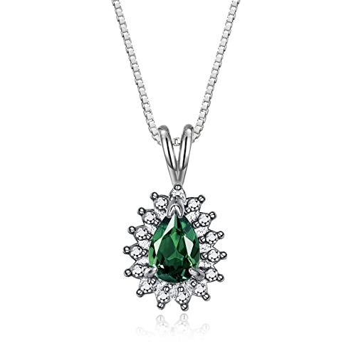 Rylos Halo Pendant Sterling Silver Necklace : Gemstone & Diamond Accent, 18 Chain - 6X4MM Tear Drop Birthstone Women's Jewelry - Timeless Elegance