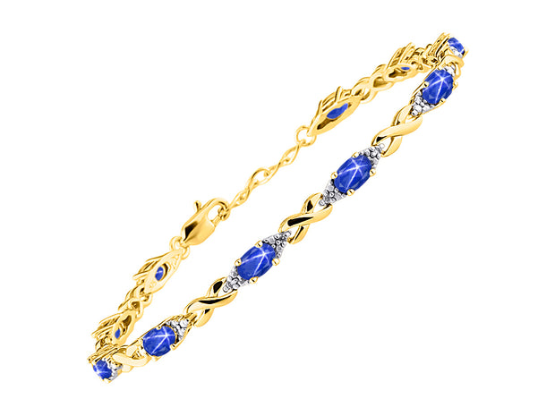 RYLOS Bracelets for Women 925 Yellow Gold Plated Silver XO Hugs & Kisses Bracelet Gemstone & Genuine Diamonds Adjustable to Fit 7"-8" Wrist, 10 - 6X4MM Blue Star Sapphire Jewelry for Women Friendship