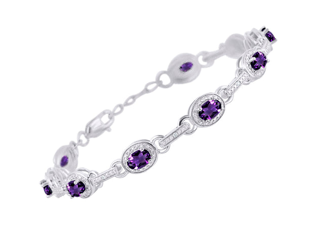 Rylos Matching Jewelry Set Designer Halo Birthstone: 6X4MM Gemstone & Diamonds, Sterling Silver. Tennis Bracelet, Earrings & Necklace. Adjustable 7"-8" Wrist, 18" Chain.