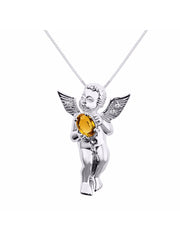 Rylos Guardian Angel Necklace with 6X4MM Gemstone & Diamonds on 18" Chain -Sterling Silver Birthstone Pendant