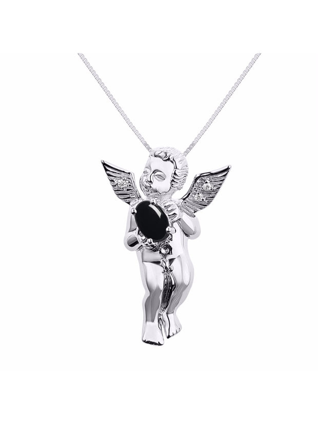 Rylos Guardian Angel Necklace with 6X4MM Gemstone & Diamonds on 18" Chain -Sterling Silver Birthstone Pendant