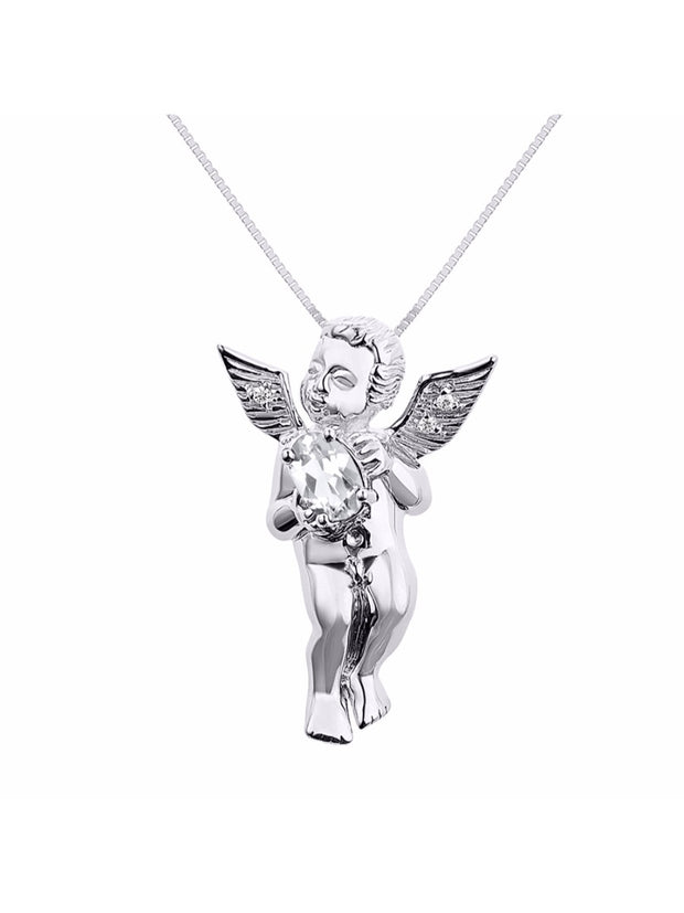 Rylos Guardian Angel Necklace with 6X4MM Gemstone & Diamonds on 18" Chain -Sterling Silver Birthstone Pendant