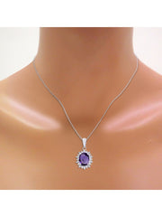 Rylos Princess Diana Inspired Necklace: Gemstone & Diamond Sterling Silver Pendant, 18 Chain, 9X7MM Birthstone, Women's Jewelry