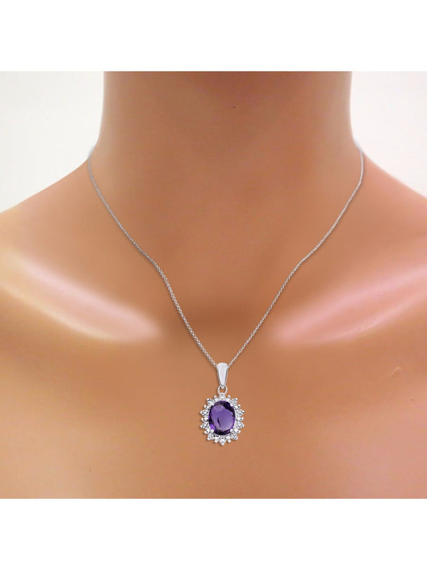 Rylos Women's Sterling Silver Princess Diana Ring & Pendant Set. Gemstone & Diamonds, 9X7MM Birthstone. Matching Friendship Jewelry, Sizes 5-10.