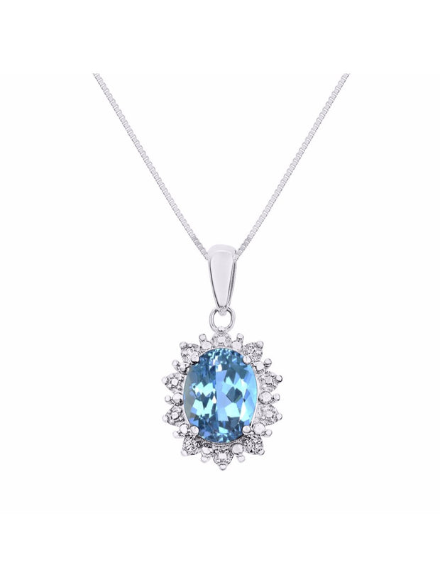 Rylos Princess Diana Inspired Necklace: Gemstone & Diamond Sterling Silver Pendant, 18 Chain, 9X7MM Birthstone, Women's Jewelry