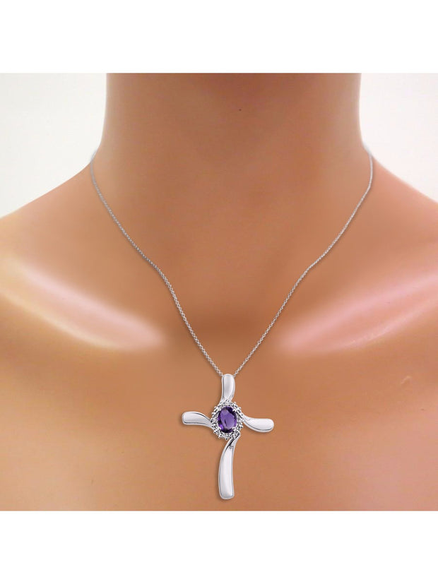 Rylos Sterling Silver Cross Necklace: Gemstone & Diamond Pendant, 18" Chain, 7X5MM Birthstone, Elegant Women's Jewelry