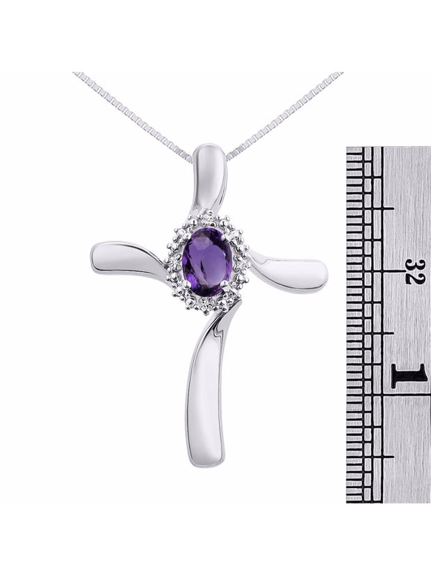 Rylos Sterling Silver Cross Necklace: Gemstone & Diamond Pendant, 18" Chain, 7X5MM Birthstone, Elegant Women's Jewelry