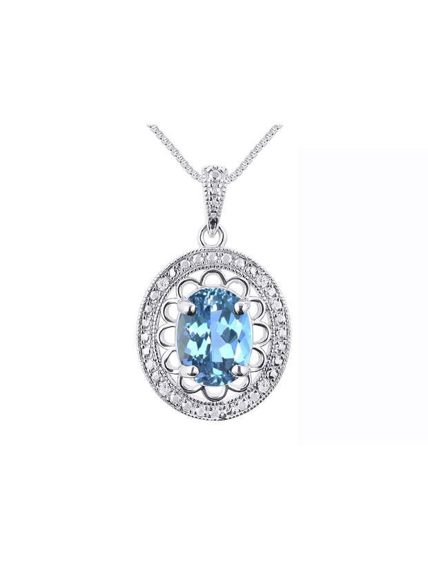 Rylos Sterling Silver Halo Designer Necklace: Gemstone & Diamond Pendant, 18" Chain, 8X6MM Birthstone, Women's Elegant Jewelry