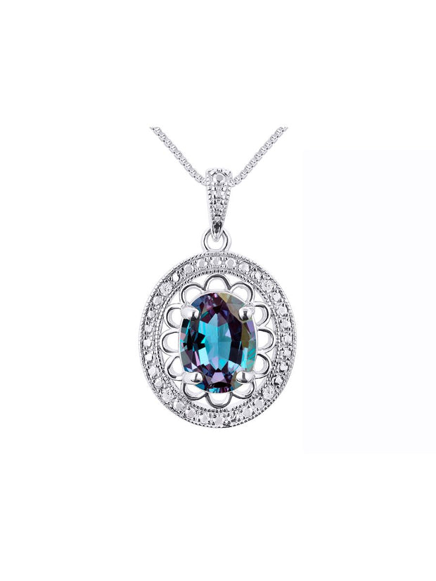 Rylos Sterling Silver Halo Designer Necklace: Gemstone & Diamond Pendant, 18" Chain, 8X6MM Birthstone, Women's Elegant Jewelry