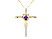 Rylos Matching Jewelry 14K Yellow Gold Claddagh Friendship Ring & Cross Necklace with 18" Chain. Heart 6X4MM Gemstone & Diamonds; Sizes 5-10