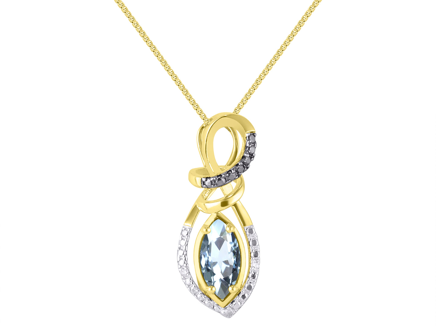 RYLOS Designer Necklace: Marquise Gemstone & White & Black Diamond Pendant, 18" Chain, 10X5MM Birthstone, Women's Elegant Yellow Gold Plated Silver Jewelry