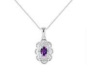 Rylos Matching Set 14K White Gold Floral Pattern Halo Pendant Necklace & Ring. Gemstone & Diamonds, 18" Chain. 6X4MM Birthstone; Sizes 5-10.