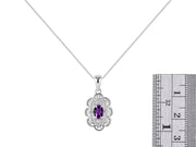 Rylos Matching Set 14K White Gold Floral Pattern Halo Pendant Necklace & Ring. Gemstone & Diamonds, 18" Chain. 6X4MM Birthstone; Sizes 5-10.