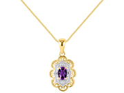 Rylos Matching Set 14K Yellow Gold Floral Pattern Halo Pendant Necklace & Ring. Gemstone & Diamonds, 18" Chain. 6X4MM Birthstone; Sizes 5-10