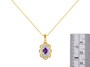 Rylos Matching Set 14K Yellow Gold Floral Pattern Halo Pendant Necklace & Ring. Gemstone & Diamonds, 18" Chain. 6X4MM Birthstone; Sizes 5-10