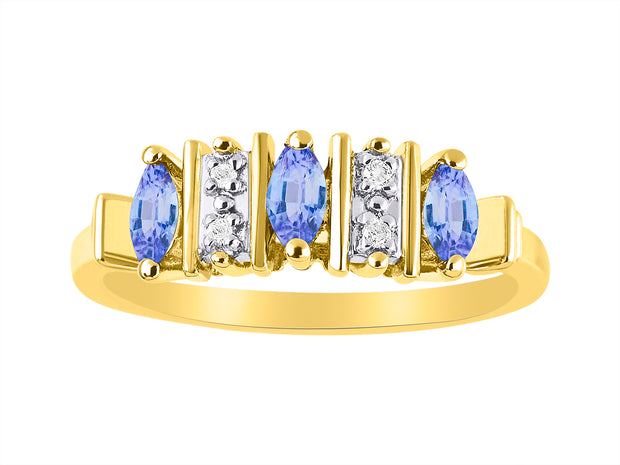 Rylos Women's Yellow Gold Plated Silver Classic 3-Stone Precious Gemstone and Diamond Ring  Jewelry in Sizes 5-10