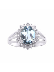 Rylos Sterling Silver Ring with Princess Diana Inspired 9X7MM Gemstone and a Halo of Diamonds - Birthstone Jewelry for Women in Sizes 5-10