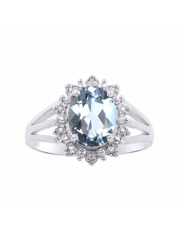 Rylos Sterling Silver Ring with Princess Diana Inspired 9X7MM Gemstone and a Halo of Diamonds - Birthstone Jewelry for Women in Sizes 5-10