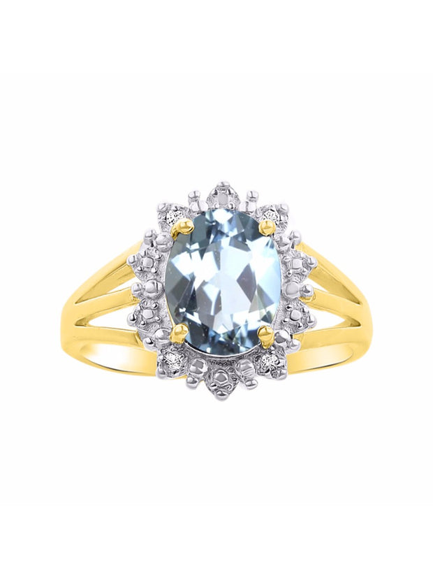 Rylos Yellow Gold Plated Silver Ring with Princess Diana Inspired 9X7MM Gemstone and a Halo of Diamonds - Birthstone Jewelry for Women in Sizes 5-10