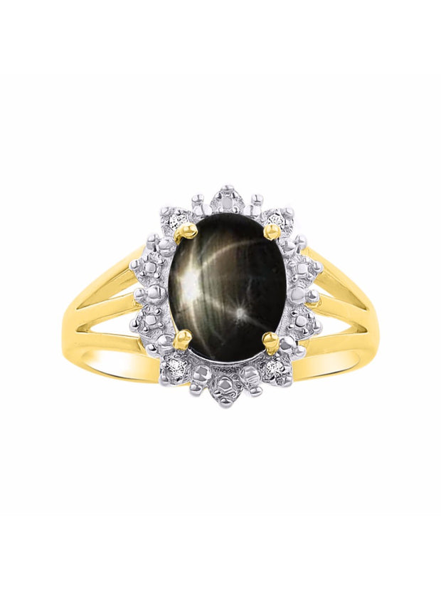 Rylos Yellow Gold Plated Silver Ring with Princess Diana Inspired 9X7MM Gemstone and a Halo of Diamonds - Birthstone Jewelry for Women in Sizes 5-10