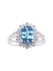 Rylos Sterling Silver Ring with Princess Diana Inspired 9X7MM Gemstone and a Halo of Diamonds - Birthstone Jewelry for Women in Sizes 5-10