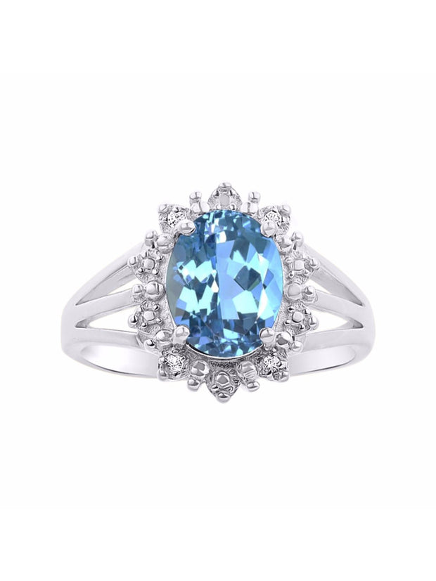 Rylos Sterling Silver Ring with Princess Diana Inspired 9X7MM Gemstone and a Halo of Diamonds - Birthstone Jewelry for Women in Sizes 5-10