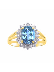 Rylos Yellow Gold Plated Silver Ring with Princess Diana Inspired 9X7MM Gemstone and a Halo of Diamonds - Birthstone Jewelry for Women in Sizes 5-10