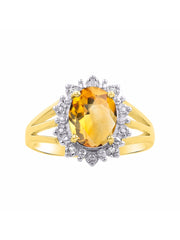 Rylos Yellow Gold Plated Silver Ring with Princess Diana Inspired 9X7MM Gemstone and a Halo of Diamonds - Birthstone Jewelry for Women in Sizes 5-10