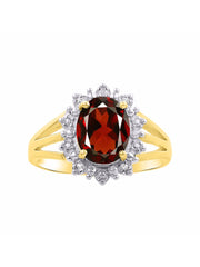 Rylos Yellow Gold Plated Silver Ring with Princess Diana Inspired 9X7MM Gemstone and a Halo of Diamonds - Birthstone Jewelry for Women in Sizes 5-10