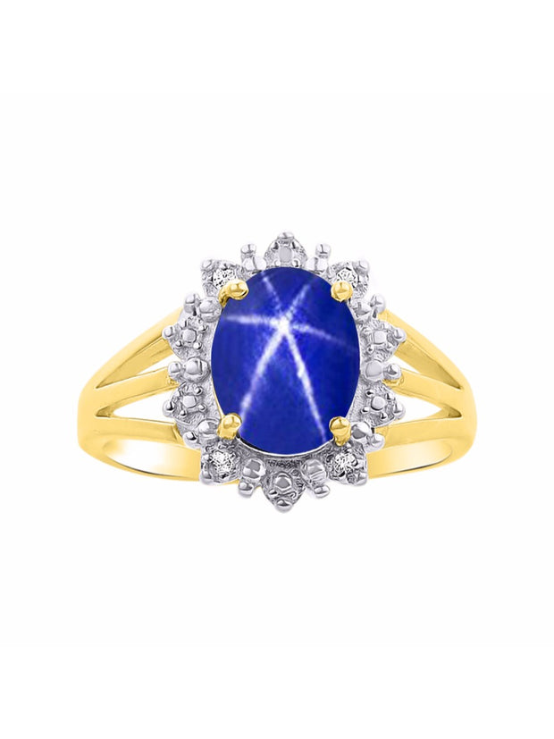 Rylos Yellow Gold Plated Silver Ring with Princess Diana Inspired 9X7MM Gemstone and a Halo of Diamonds - Birthstone Jewelry for Women in Sizes 5-10