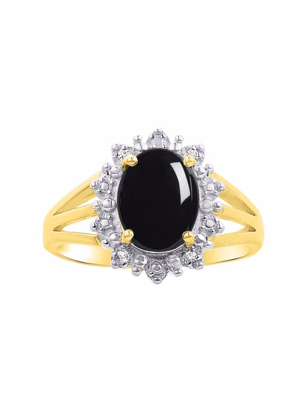 Rylos Yellow Gold Plated Silver Ring with Princess Diana Inspired 9X7MM Gemstone and a Halo of Diamonds - Birthstone Jewelry for Women in Sizes 5-10