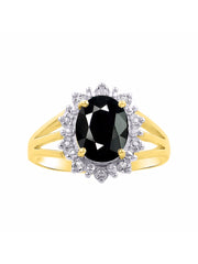 Rylos Yellow Gold Plated Silver Ring with Princess Diana Inspired 9X7MM Gemstone and a Halo of Diamonds - Birthstone Jewelry for Women in Sizes 5-10