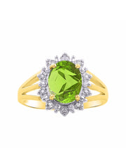 Rylos Yellow Gold Plated Silver Ring with Princess Diana Inspired 9X7MM Gemstone and a Halo of Diamonds - Birthstone Jewelry for Women in Sizes 5-10