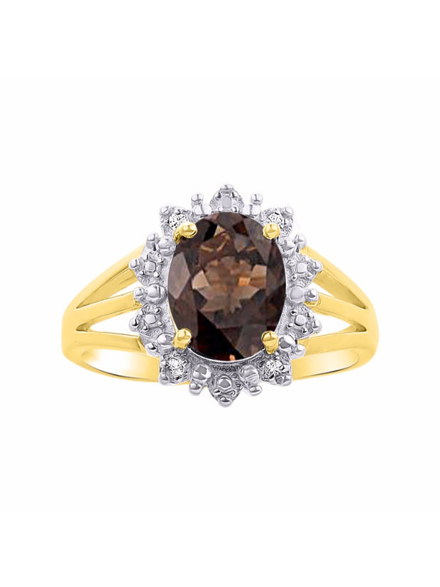 Rylos Yellow Gold Plated Silver Ring with Princess Diana Inspired 9X7MM Gemstone and a Halo of Diamonds - Birthstone Jewelry for Women in Sizes 5-10