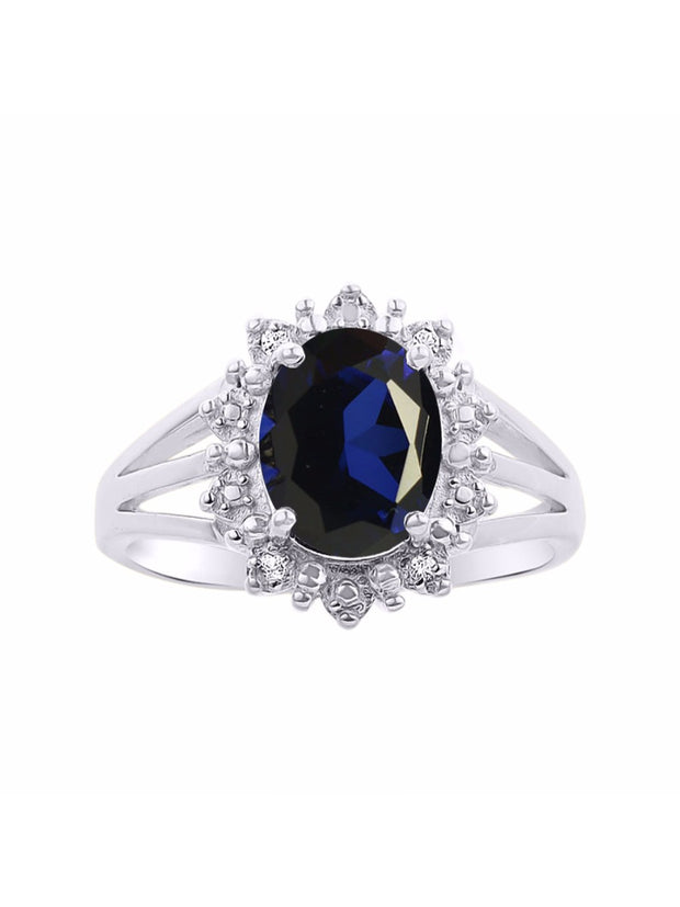 Rylos Sterling Silver Ring with Princess Diana Inspired 9X7MM Gemstone and a Halo of Diamonds - Birthstone Jewelry for Women in Sizes 5-10