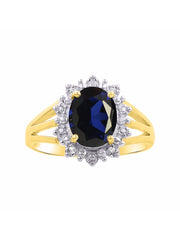 Rylos Yellow Gold Plated Silver Ring with Princess Diana Inspired 9X7MM Gemstone and a Halo of Diamonds - Birthstone Jewelry for Women in Sizes 5-10