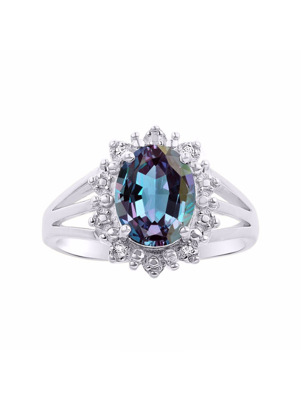 Rylos Sterling Silver Ring with Princess Diana Inspired 9X7MM Gemstone and a Halo of Diamonds - Birthstone Jewelry for Women in Sizes 5-10