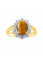 Rylos Yellow Gold Plated Silver Ring with Princess Diana Inspired 9X7MM Gemstone and a Halo of Diamonds - Birthstone Jewelry for Women in Sizes 5-10