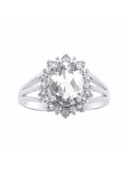 Rylos Sterling Silver Ring with Princess Diana Inspired 9X7MM Gemstone and a Halo of Diamonds - Birthstone Jewelry for Women in Sizes 5-10