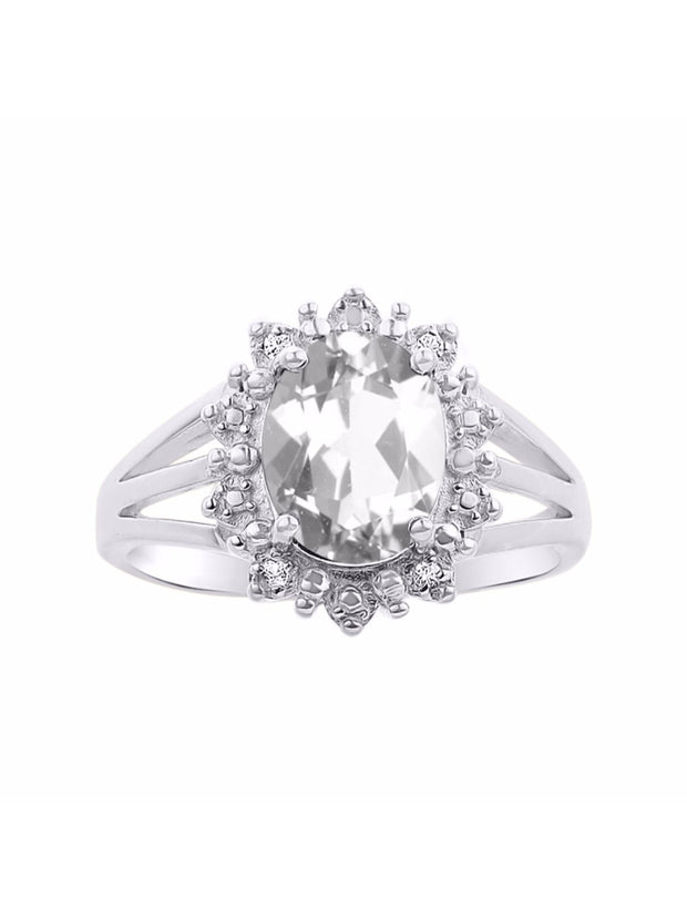 Rylos Sterling Silver Ring with Princess Diana Inspired 9X7MM Gemstone and a Halo of Diamonds - Birthstone Jewelry for Women in Sizes 5-10