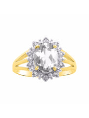 Rylos Yellow Gold Plated Silver Ring with Princess Diana Inspired 9X7MM Gemstone and a Halo of Diamonds - Birthstone Jewelry for Women in Sizes 5-10