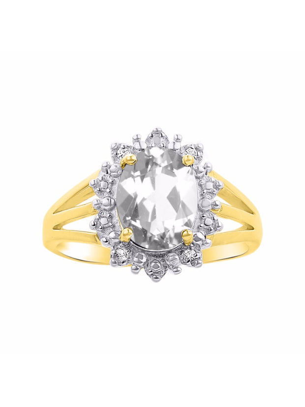 Rylos Yellow Gold Plated Silver Ring with Princess Diana Inspired 9X7MM Gemstone and a Halo of Diamonds - Birthstone Jewelry for Women in Sizes 5-10