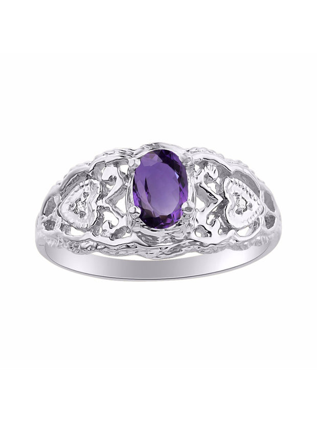 Rylos Ring with Filigree Heart, 6X4MM Gemstone, and Diamonds - Birthstone Jewelry for Women in Sterling Silver, Available in Sizes 5-10