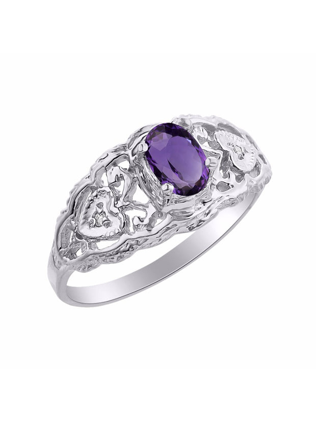 Rylos Ring with Filigree Heart, 6X4MM Gemstone, and Diamonds - Birthstone Jewelry for Women in Sterling Silver, Available in Sizes 5-10