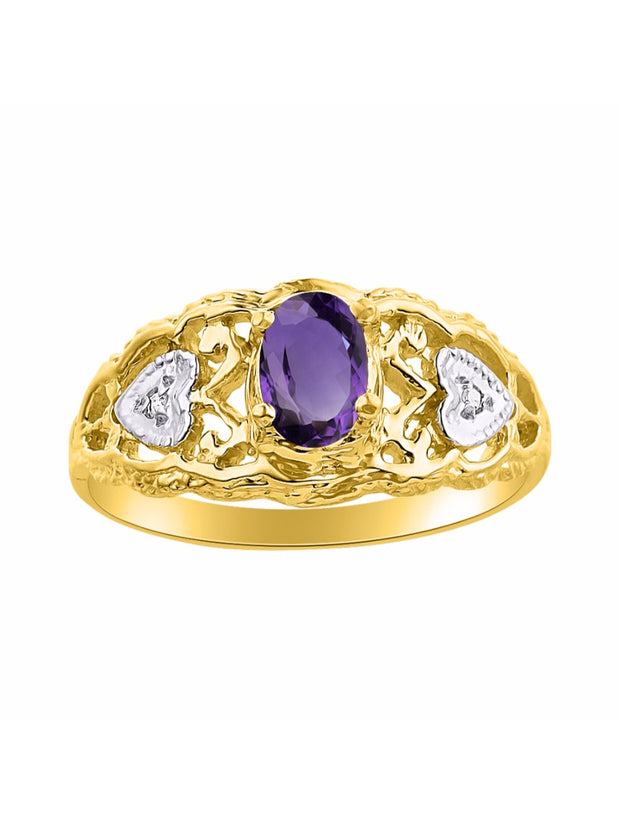 Rylos Ring with Filigree Heart, 6X4MM Gemstone, and Diamonds - Birthstone Jewelry for Women in Yellow Gold Plated Silver, Available in Sizes 5-10