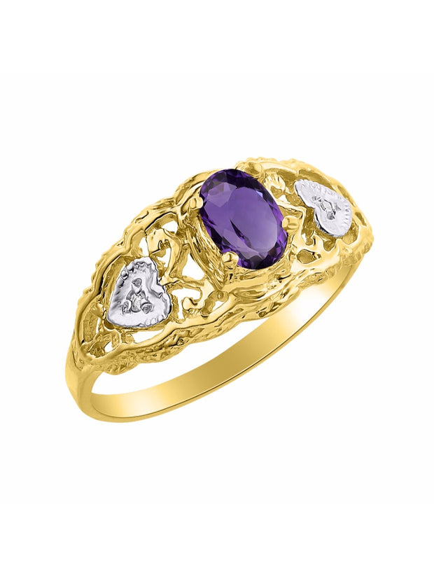 Rylos Ring with Filigree Heart, 6X4MM Gemstone, and Diamonds - Birthstone Jewelry for Women in Yellow Gold Plated Silver, Available in Sizes 5-10