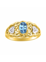 Rylos Ring with Filigree Heart, 6X4MM Gemstone, and Diamonds - Birthstone Jewelry for Women in Yellow Gold Plated Silver, Available in Sizes 5-10