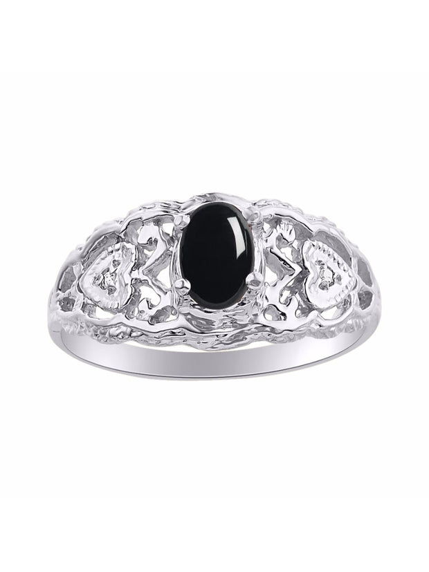 Rylos Ring with Filigree Heart, 6X4MM Gemstone, and Diamonds - Birthstone Jewelry for Women in Sterling Silver, Available in Sizes 5-10