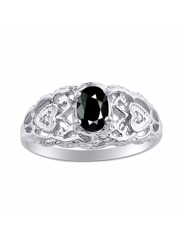 Rylos Ring with Filigree Heart, 6X4MM Gemstone, and Diamonds - Birthstone Jewelry for Women in Sterling Silver, Available in Sizes 5-10